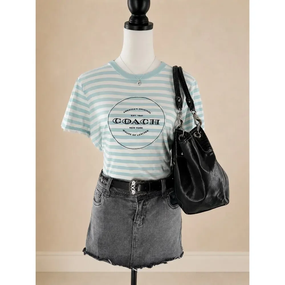 Coach Women’s Small Blue White Striped Logo T-Shirt 100% Cotton Y2K